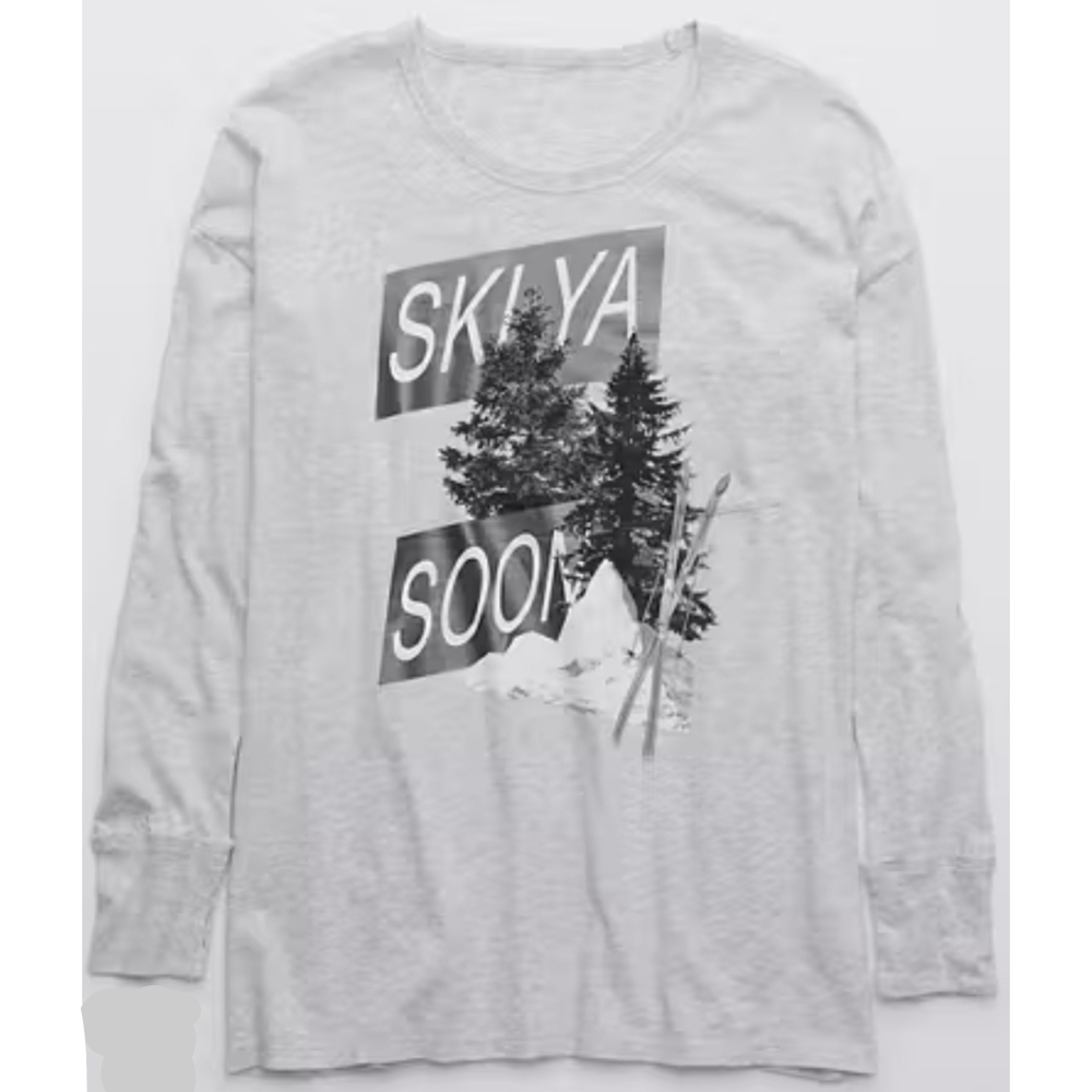 Aerie OFFLINE 'Ski Ya Soon' Long Sleeve Graphic Tee XSmall In Heather Grey NWT